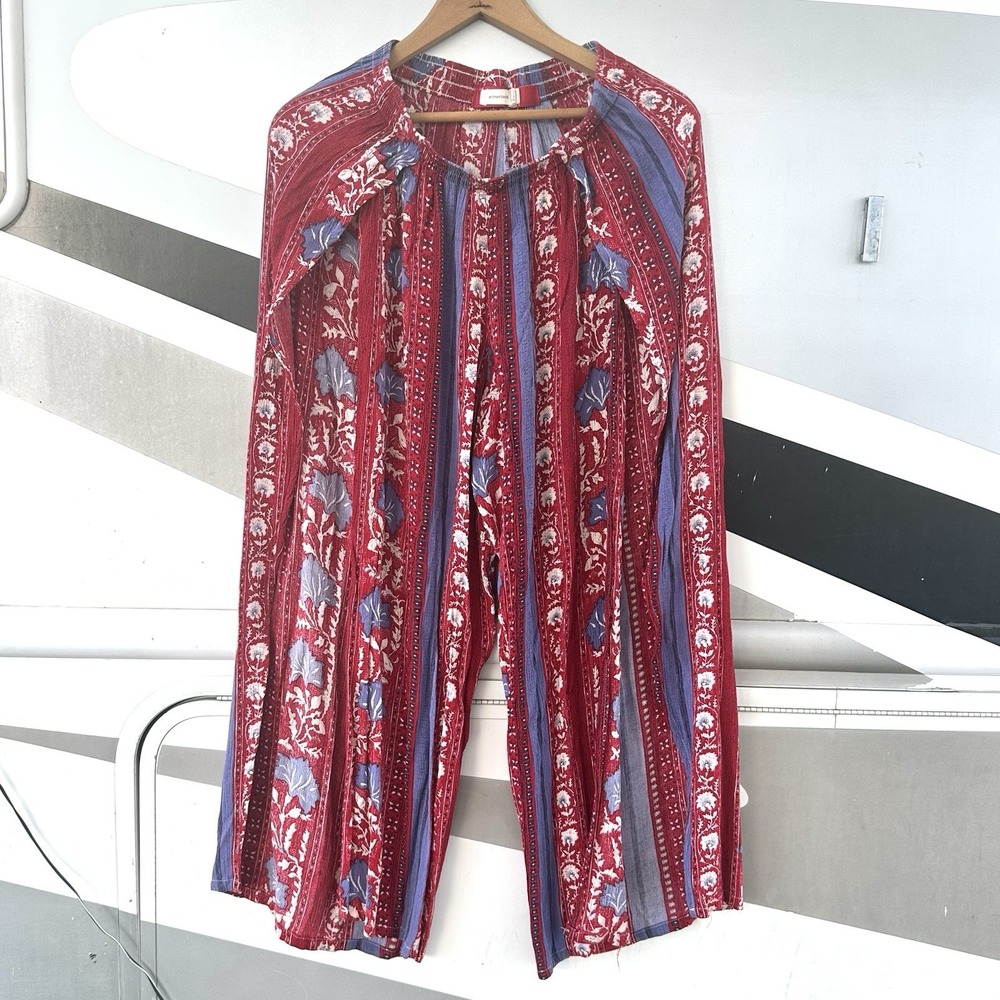 Hippie Beach Pants Size 8 Red Blue White Flowy High Slit Flare Leg Pool Vacation - Picture 2 of 7